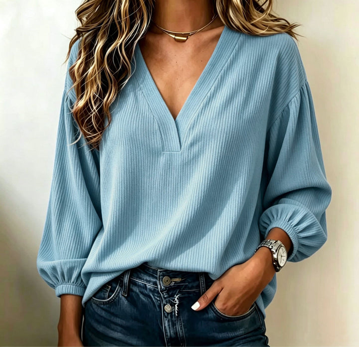 Damen Gerippter V-Ausschnitt Pullover mit Ballonärmeln Drune