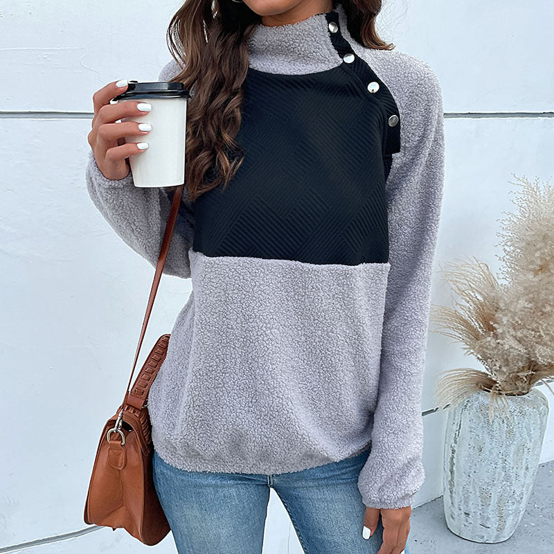 Damen Kuscheliger Teddy-Fleece-Pullover mit Stehkragen und Druckknopfleiste Drune