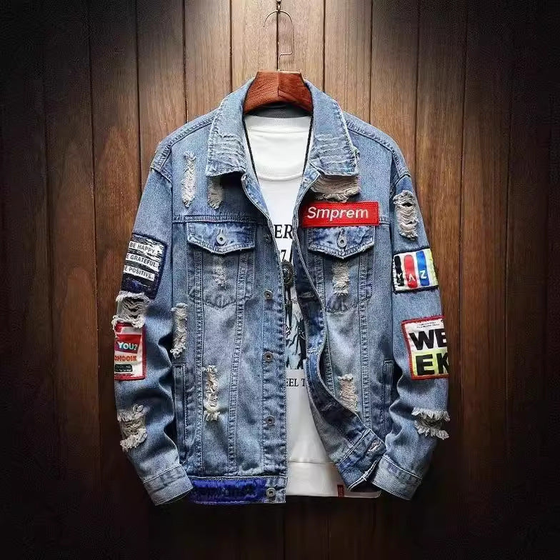 Herren Lässige Denimjacke mit kreativen Patches Drune