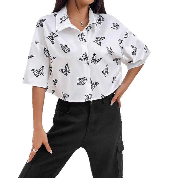 Damen Kurzgeschnittene Boxy-Hemdbluse mit Schmetterlingsprint Drune