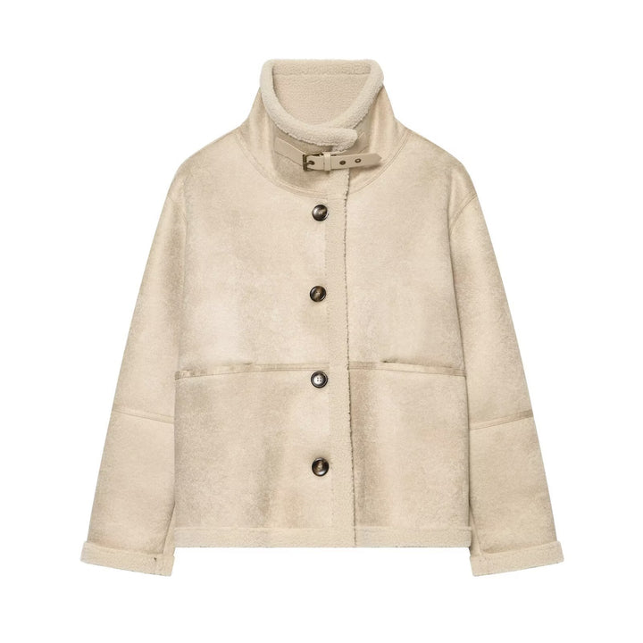 Damen Kurzjacke aus Teddy-Fleece mit Funnelkragen und Schnallenverschluss Drune