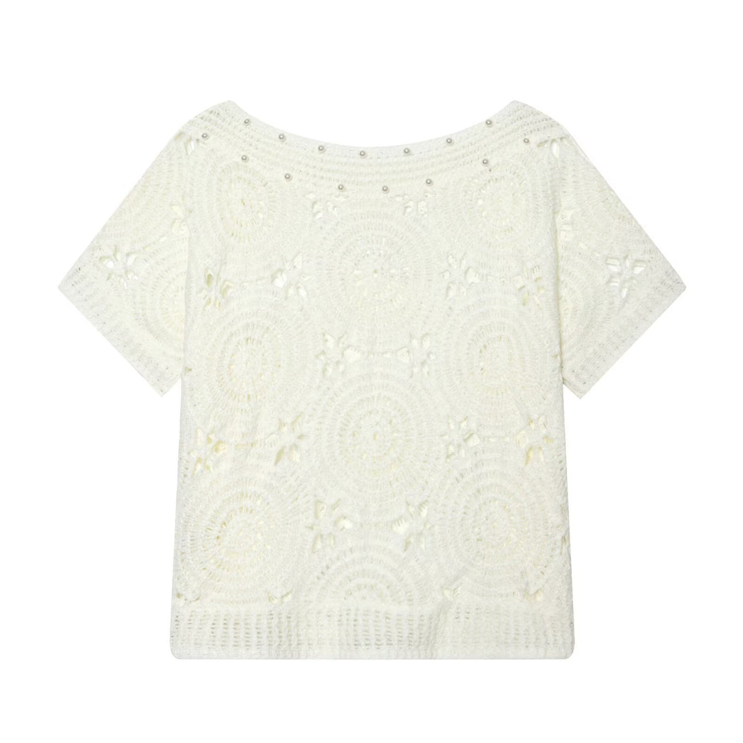 Damen Spitze T-Shirt mit luxuriöser Blumenstickerei und dekorativen Perlen Drune