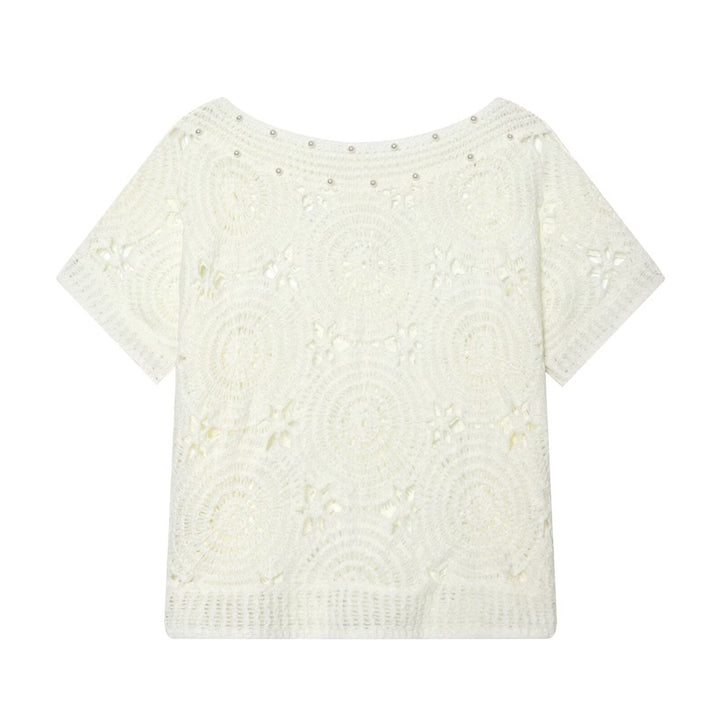Damen Spitze T-Shirt mit luxuriöser Blumenstickerei und dekorativen Perlen Drune