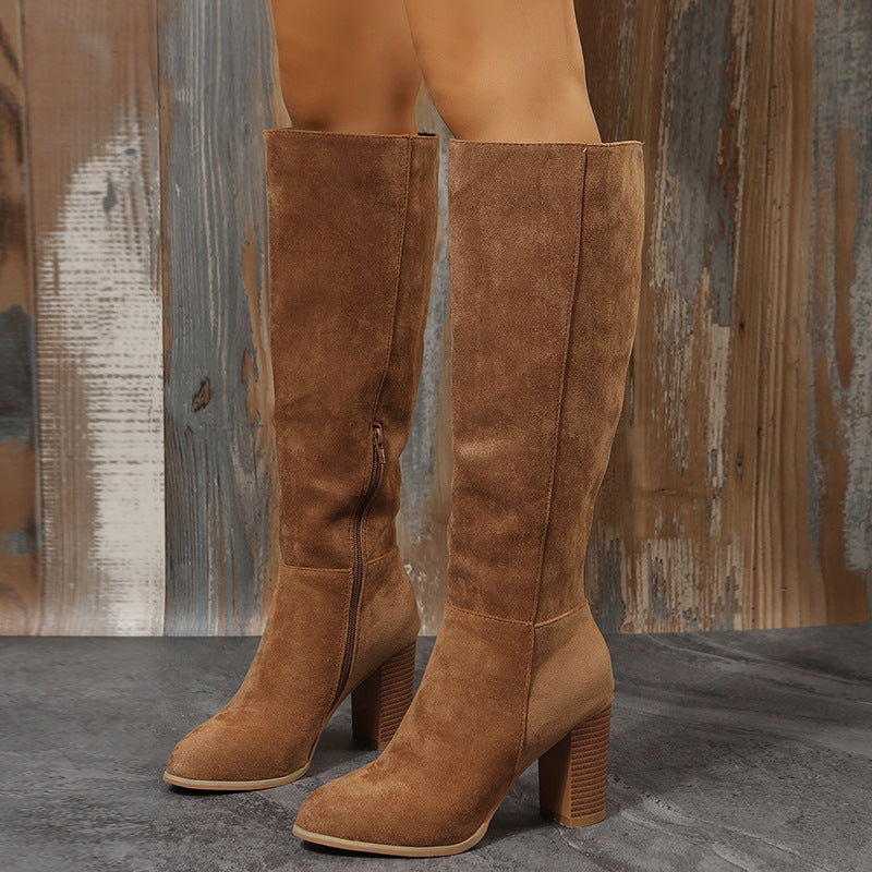 Damen Kniehohe Veloursoptik Stiefel mit skulpturellem Blockabsatz und seitlichem Reißverschluss Drune