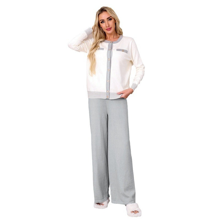 Damen Strick-Loungewear-Set mit feinen Knopfdetaillierungen und weitem Bein Drune