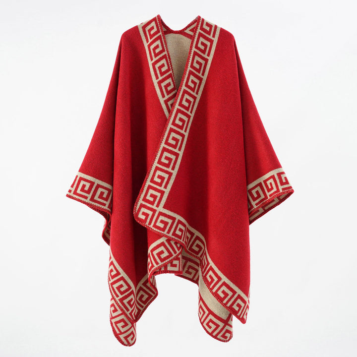 Damen Cape‑Poncho mit Mäander‑Bordüre und Wollmix‑Qualität Drune