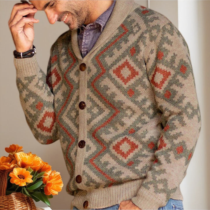 Herren Strickjacke mit traditionellem geometrischen Muster und warmem Schalkragen Drune