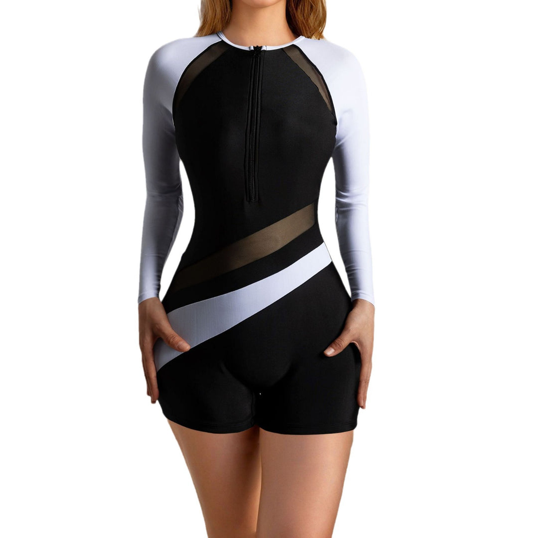 Damen Sportlicher Langarm-Badesuit mit stylischem Farbblock-Design Drune