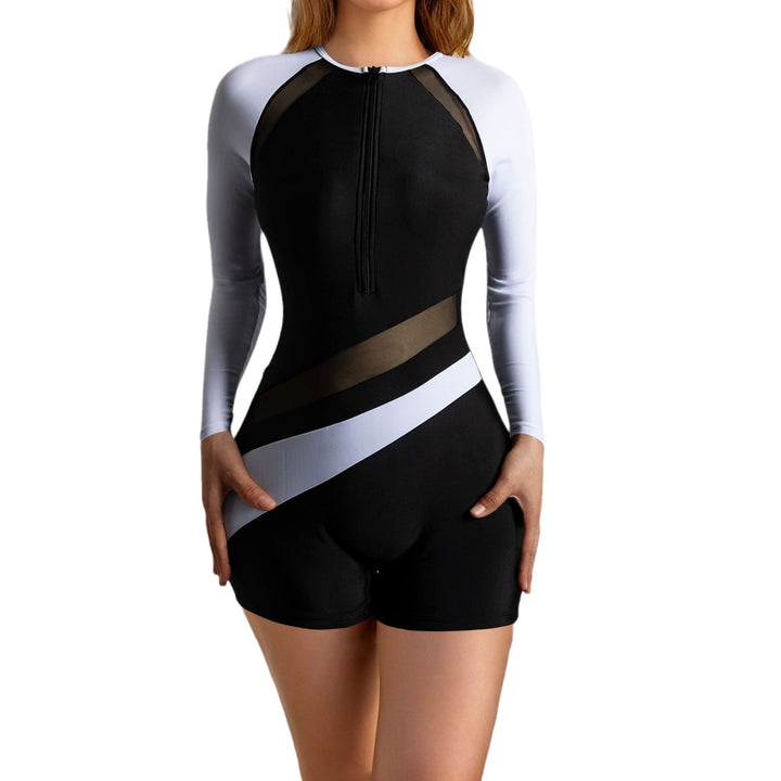 Damen Sportlicher Langarm-Badesuit mit stylischem Farbblock-Design Drune