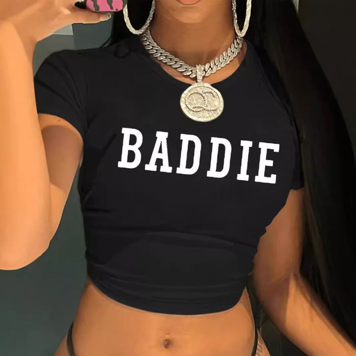 Damen figurbetontes Kurzarm-T-Shirt mit verspieltem Aufdruck Drune