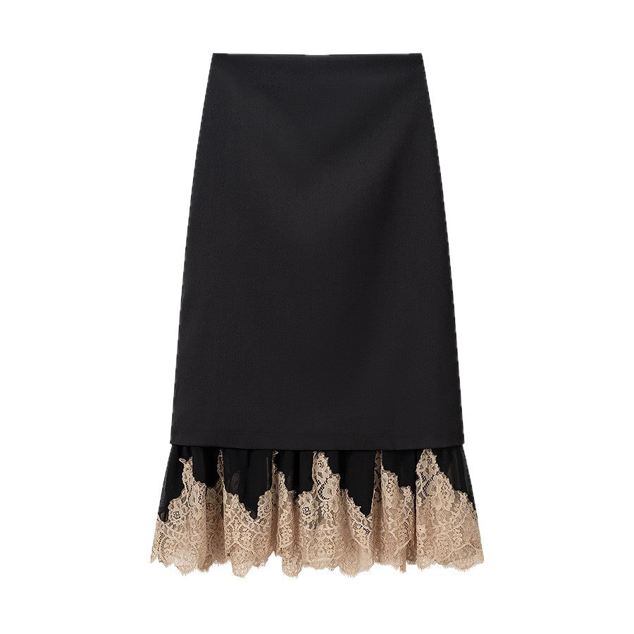 Damen Eleganter Bleistift‑Midirock mit kontrastierender Spitzenunterlage Drune
