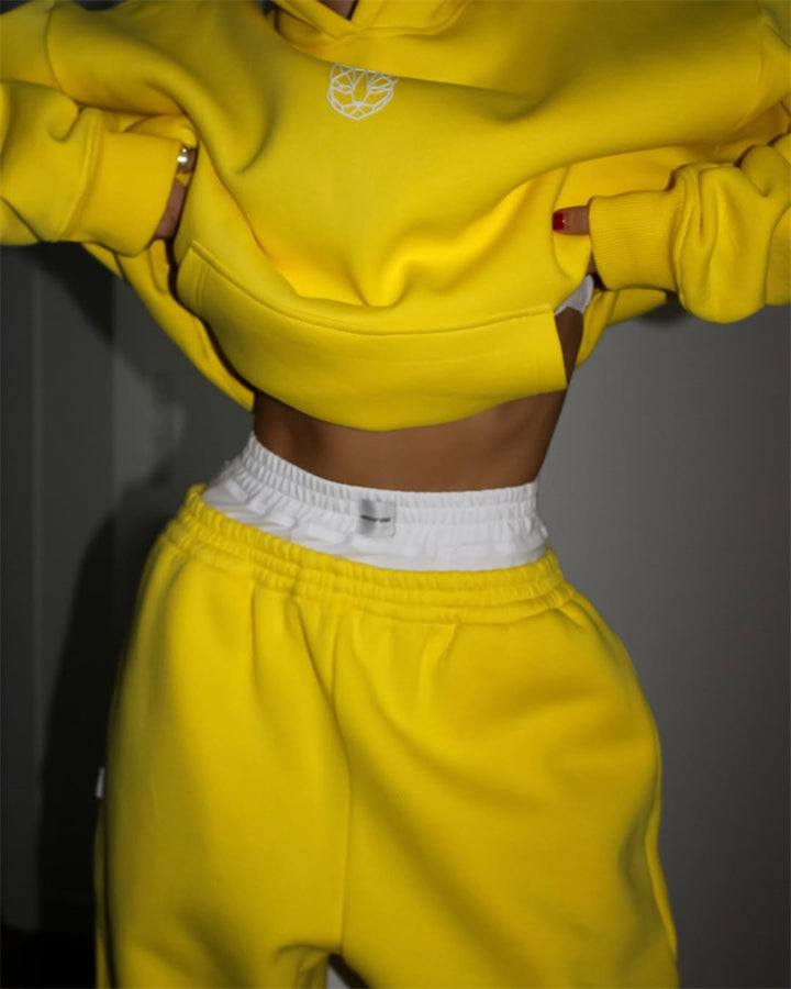 Damen Cropped Kapuzenpullover und weite High-Waist Jogginghose Set Drune