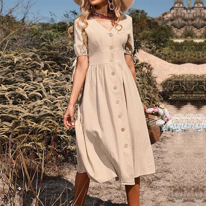 Damen Button-Down A-Linie Midi Kleid mit Bindeschlaufen