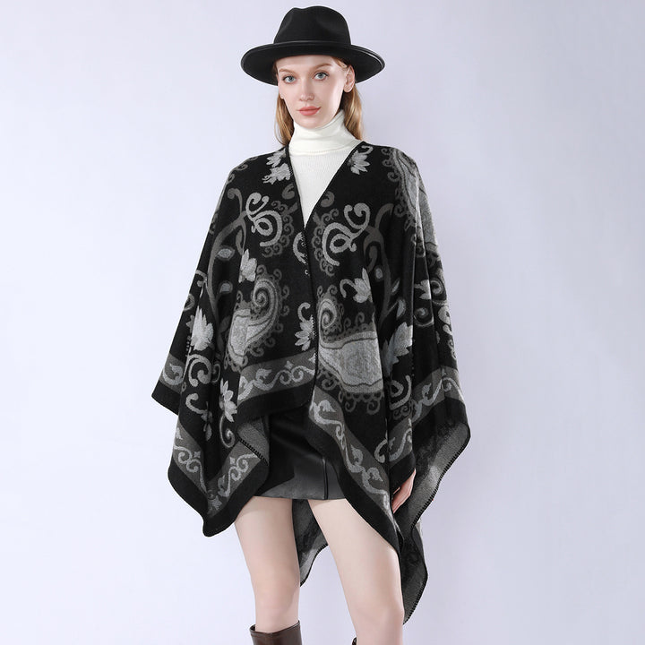 Damen Wollmix-Poncho-Umhang mit Paisley-Jacquard und Ziernaht Drune