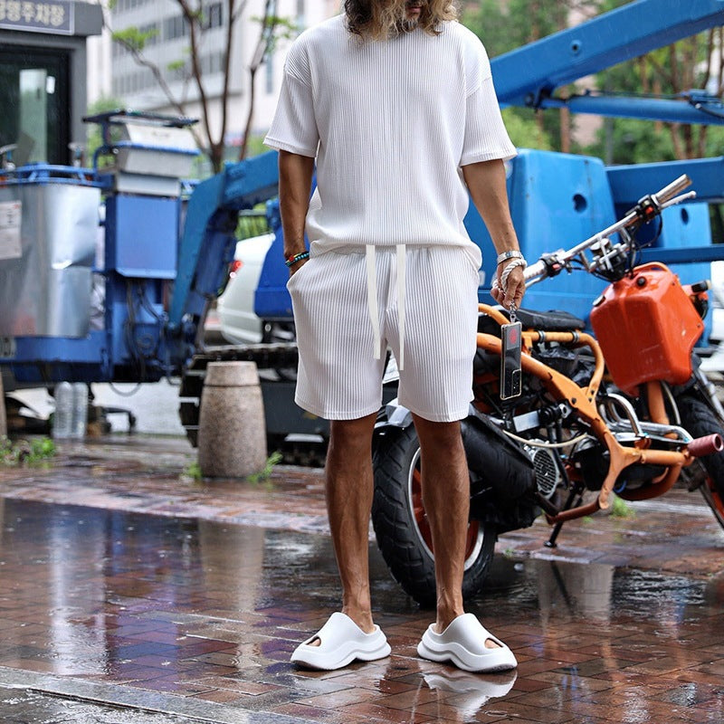 Herren nan lässiges Waffeljersey-Set mit weitem Oberteil und Tunnelzug-Shorts Drune