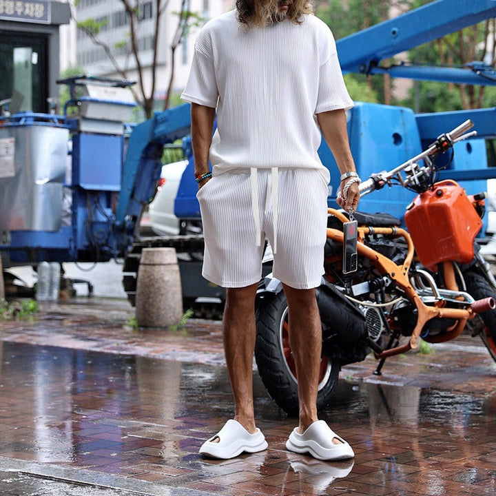 Herren nan lässiges Waffeljersey-Set mit weitem Oberteil und Tunnelzug-Shorts Drune