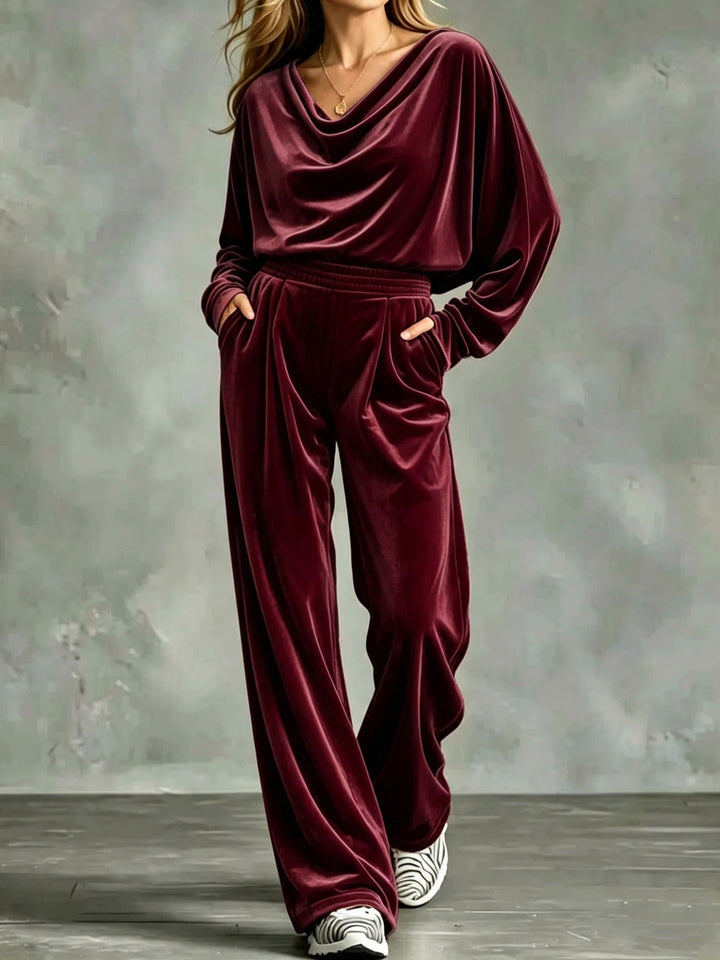 Damen Samt-Loungewear-Set mit Wasserfallkragen, weitem Palazzo-Schnitt und Eingrifftaschen Drune