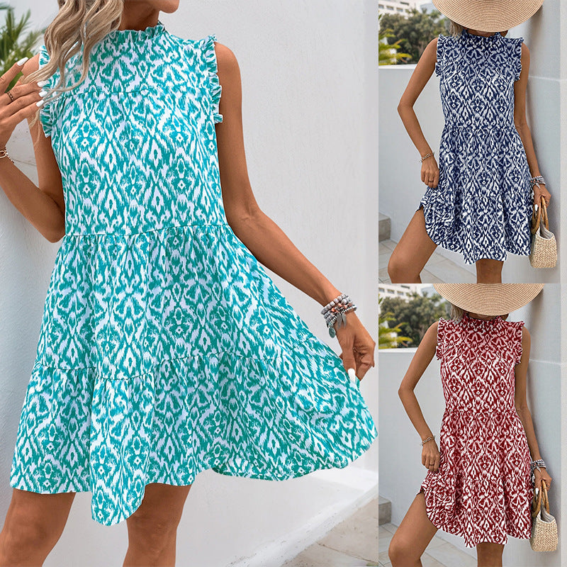 Damen sommerliches Wickelkleid mit harmonischem Druck und Rüschendetails Drune