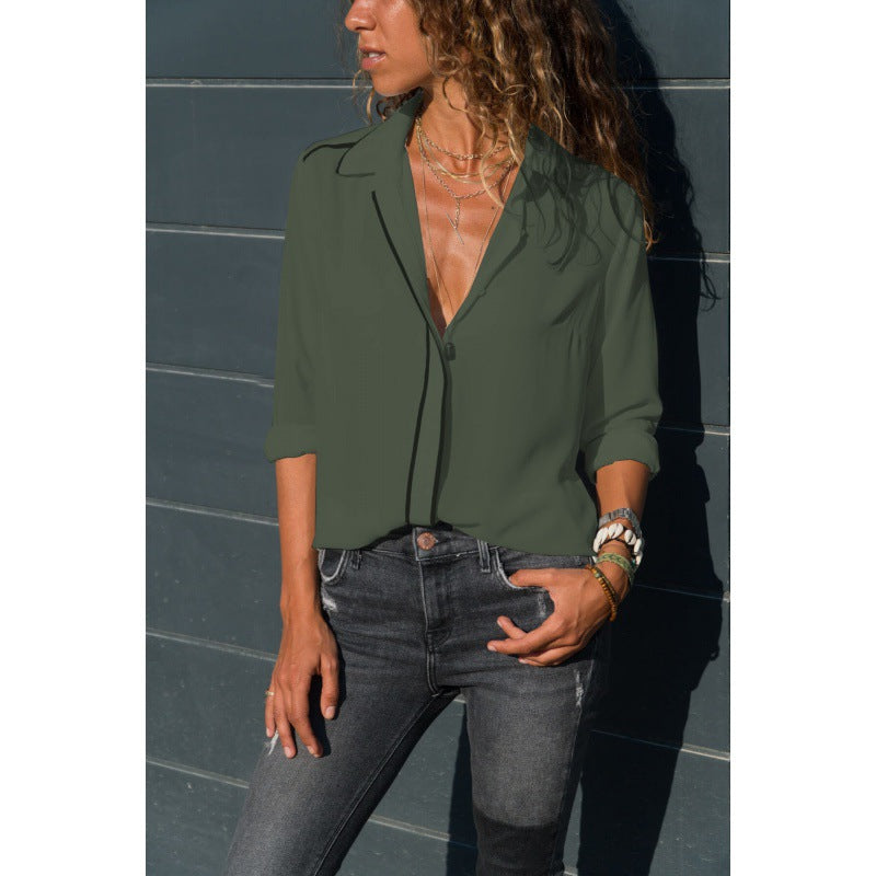 Damen Elegante Bluse mit Kontrastpaspel, V‑Ausschnitt und krempelbaren Ärmeln Drune