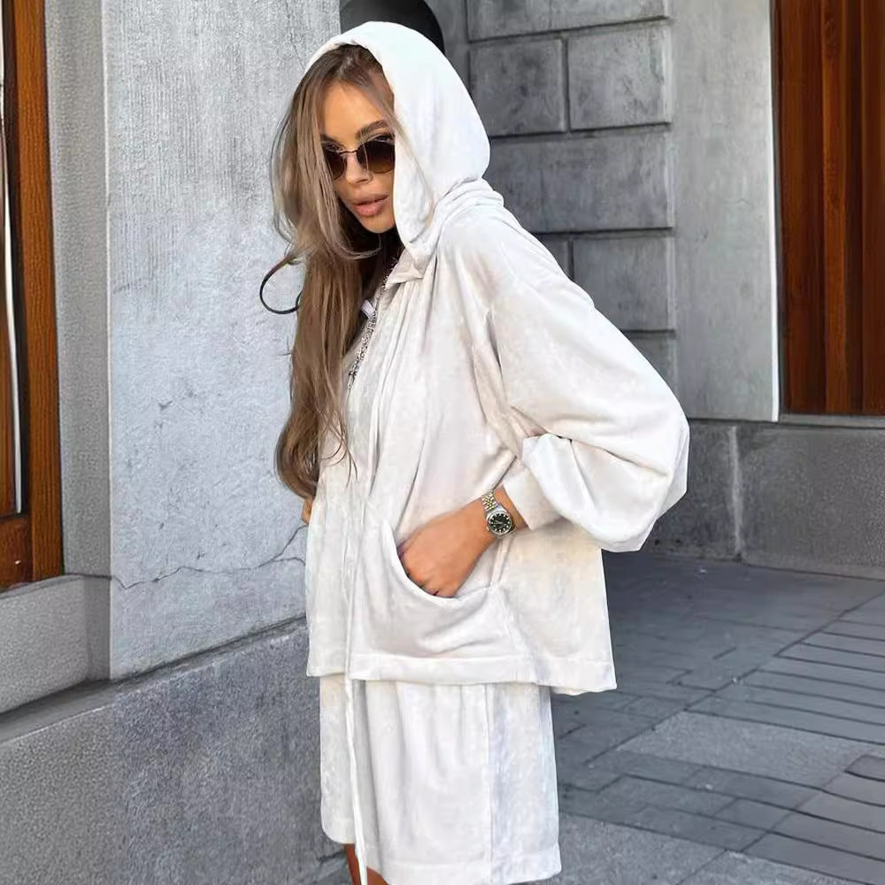 Damen lässige Fleece-Jacke mit Kapuze und weitem Schnitt Drune