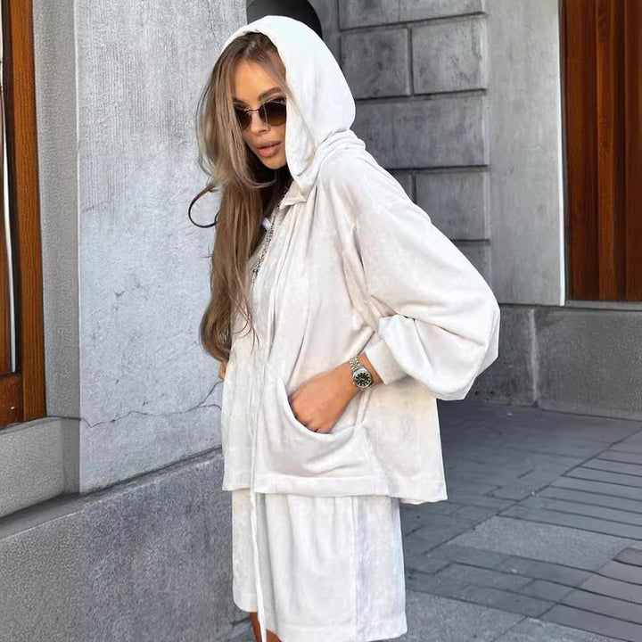 Damen lässige Fleece-Jacke mit Kapuze und weitem Schnitt Drune