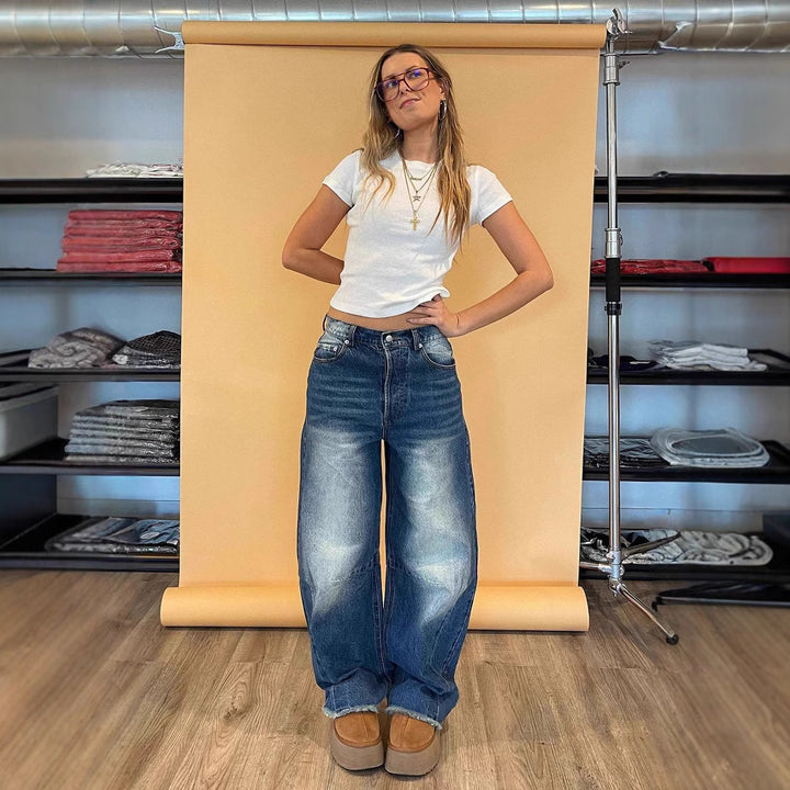 Damen nan weite Baggy-Jeans mit tiefer Schrittnaht, markanten Knieabnähern und verstärktem Five‑Pocket‑Schnitt Drune