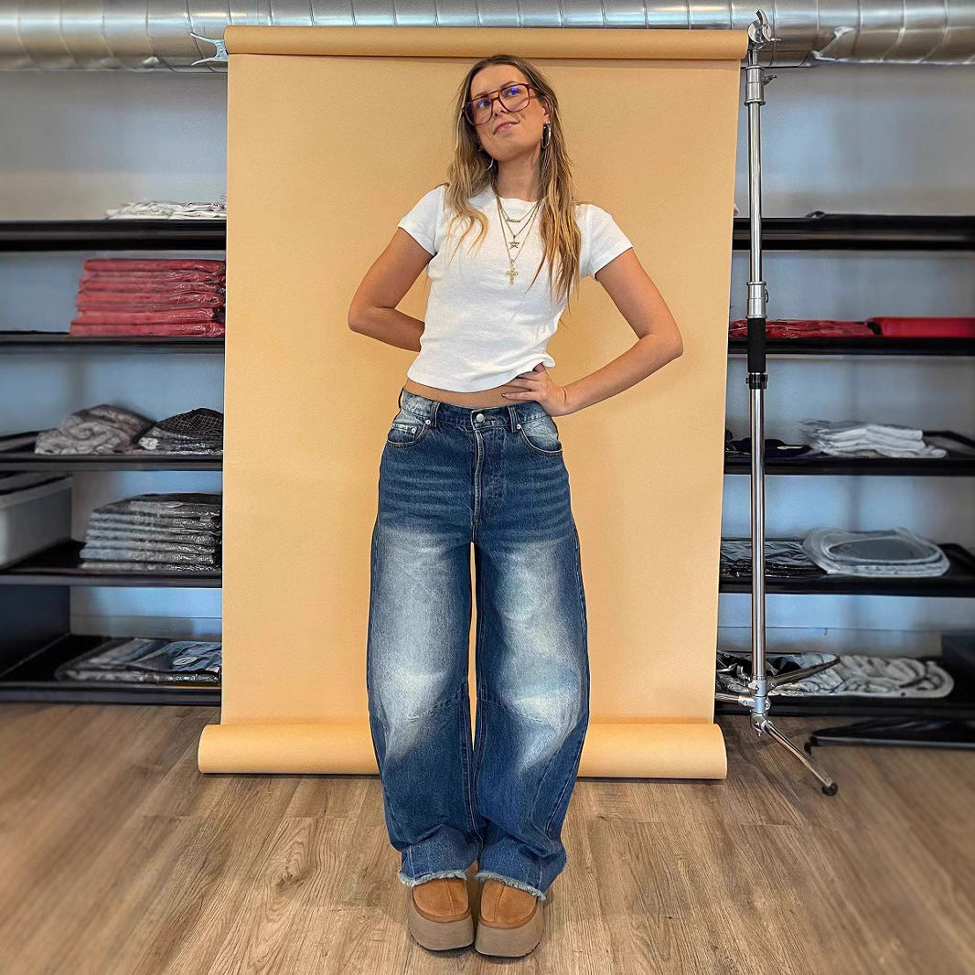 Damen modische weite Jeans mit einzigartigem Schnitt und hohem Bund Drune