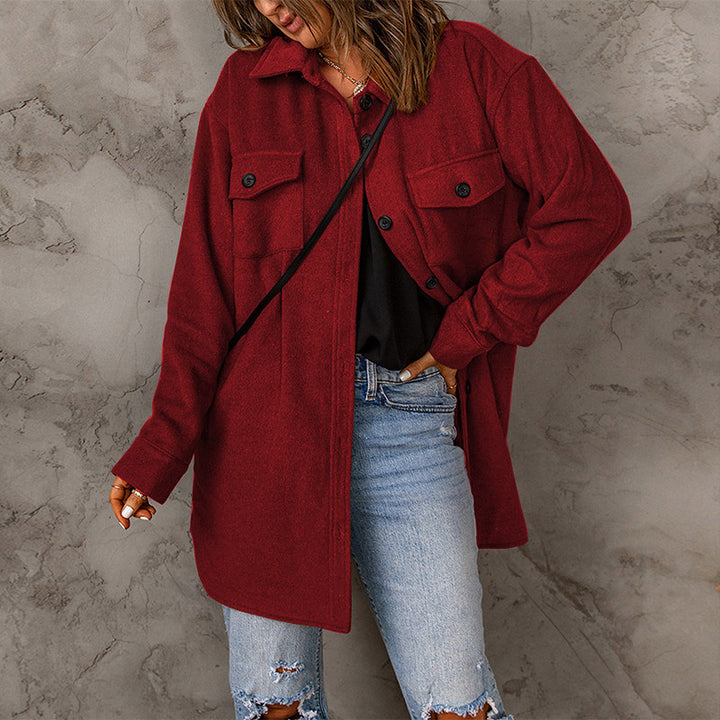 Damen vielseitige Oversize-Hemdjacke mit aufgesetzten Taschen und Knopfverschluss Drune