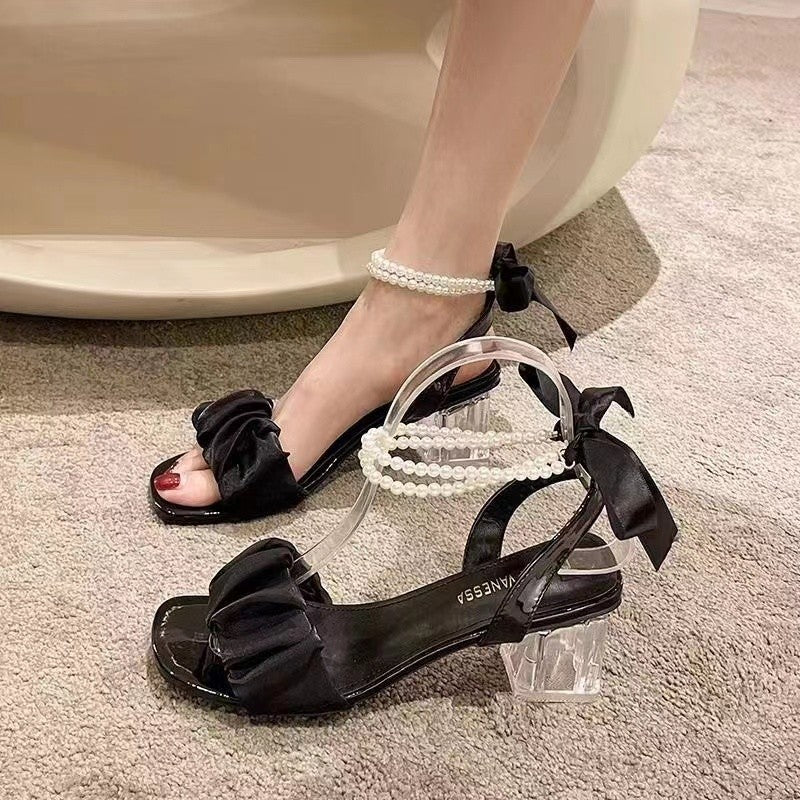 Damen Offene Riemchensandalen mit Perlenbesatz, Rüschenfront und transparentem Blockabsatz Drune