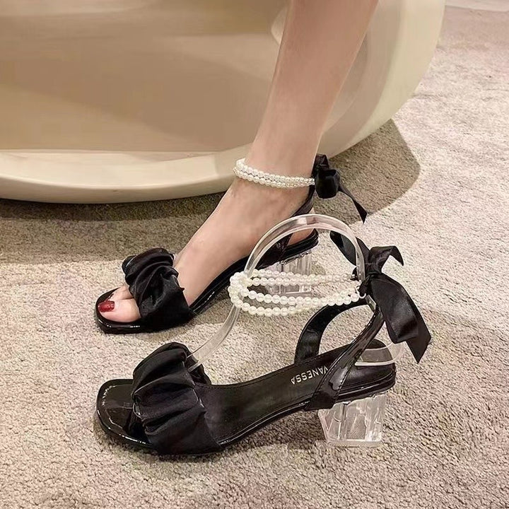 Damen Offene Riemchensandalen mit Perlenbesatz, Rüschenfront und transparentem Blockabsatz Drune