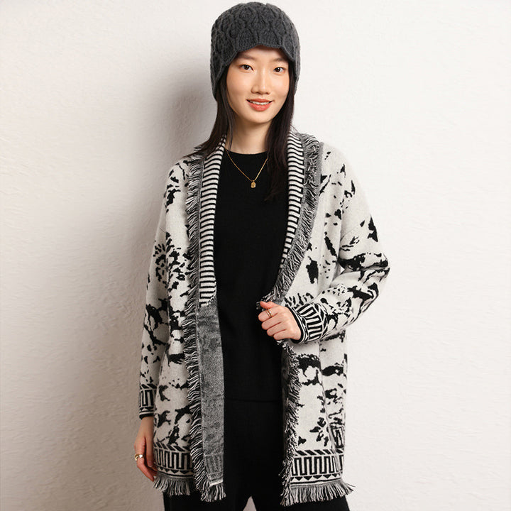 Damen Komfortable Strickjacke mit grafischem Muster und Fransendetails Drune