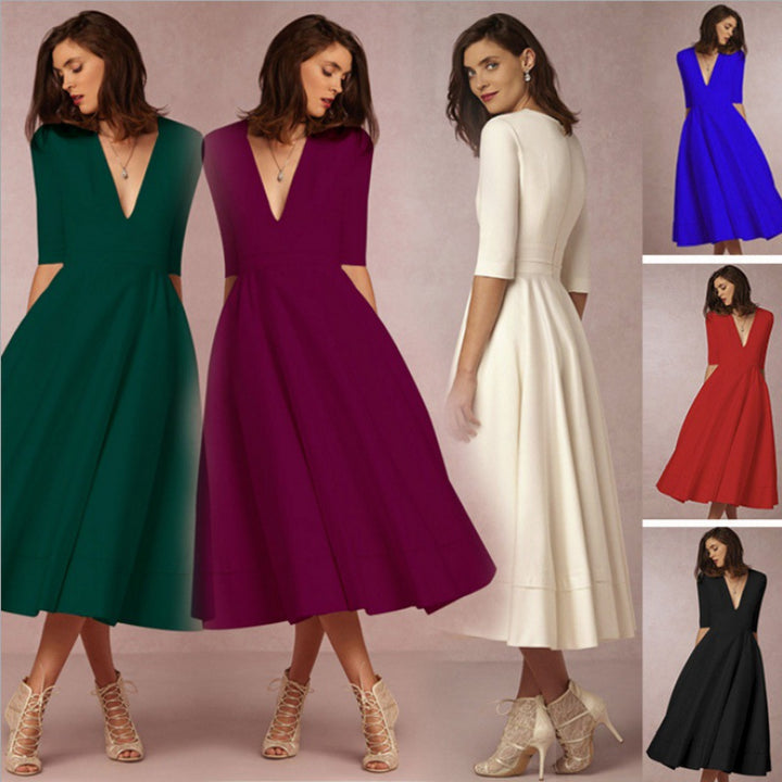 Damen Maxikleid mit tiefem V-Ausschnitt und schwingendem Rock Drune