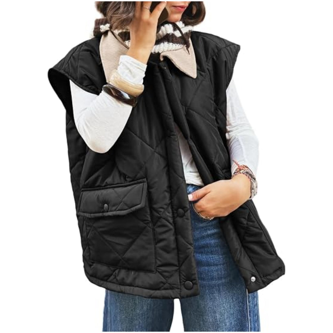 Damen Oversize Steppweste mit Druckknopf-Taschen und hohem Kragen Drune