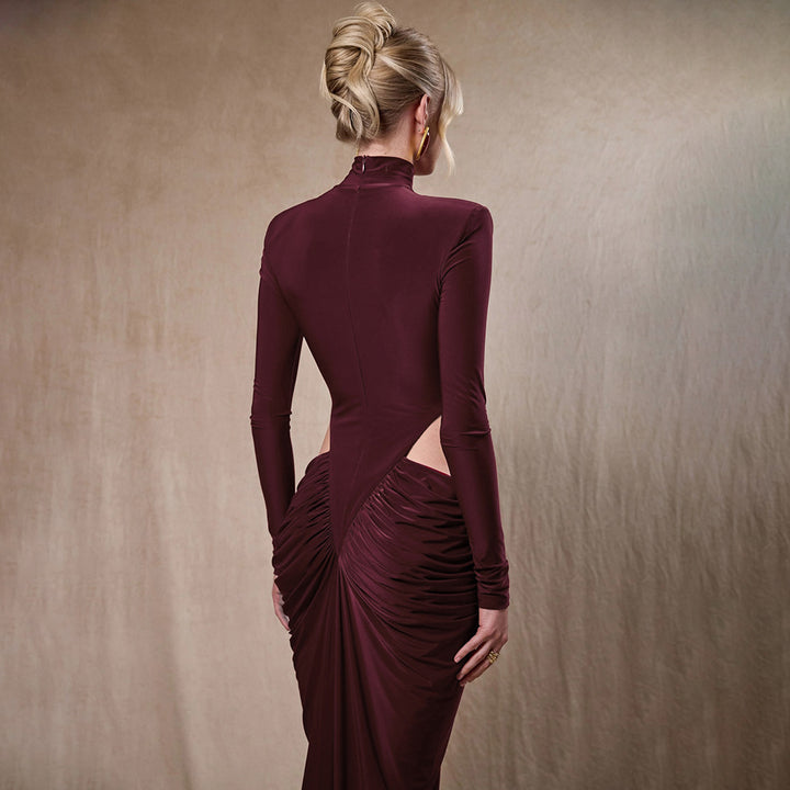 Damen elegantes langärmliges Kleid mit raffiniertem Drapierungseffekt Drune