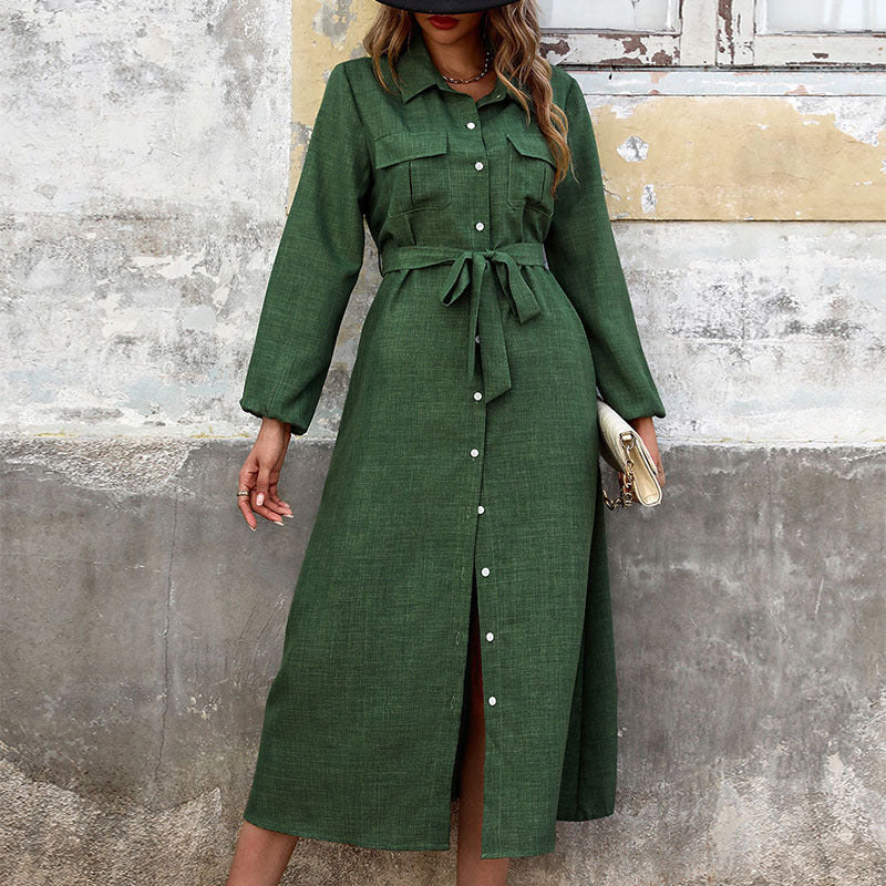 Damen Elegantes Hemdkleid mit Taillengürtel und Knopfdetails Drune