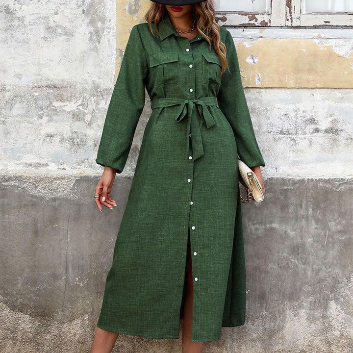 Damen Elegantes Hemdkleid mit Taillengürtel und Knopfdetails Drune