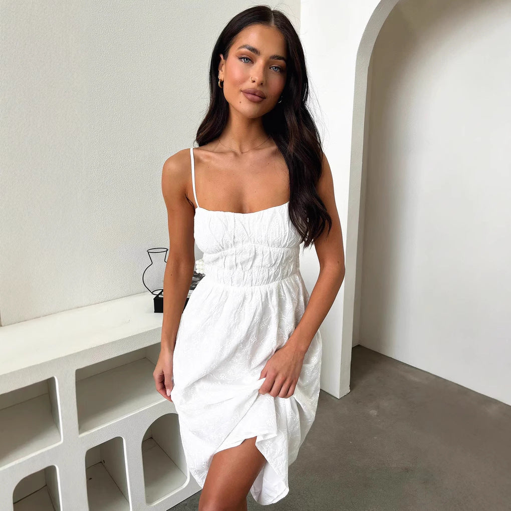 Damen Sommerliches Midi-Kleid mit verstellbaren Spaghettiträgern und Raffung Drune