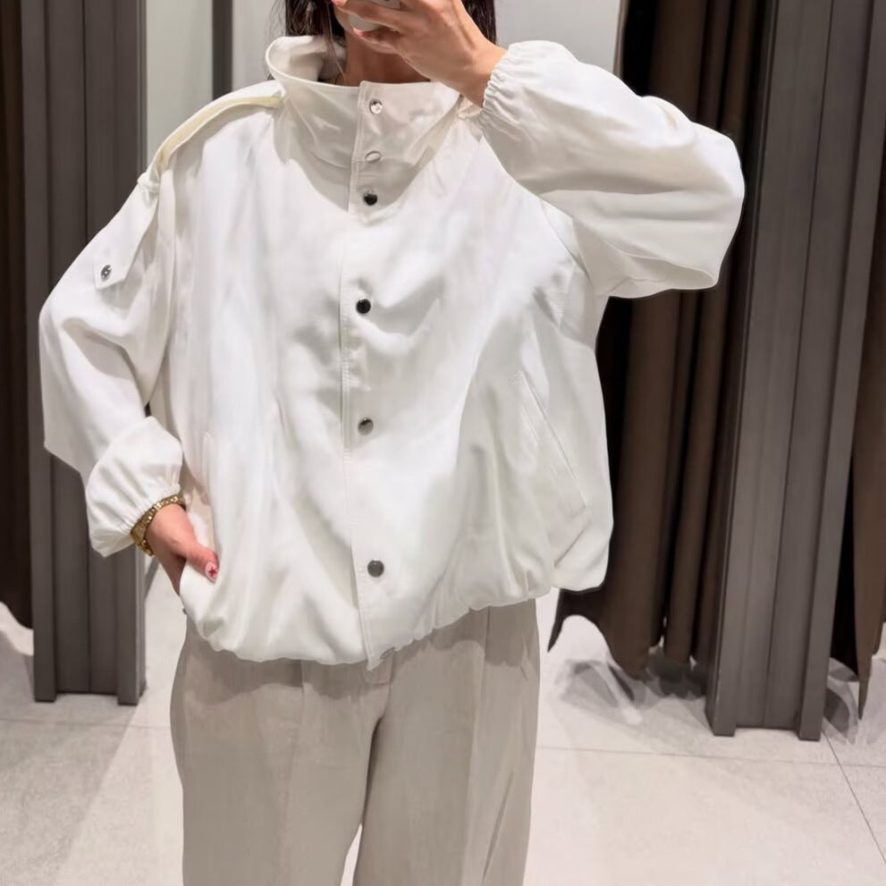 Damen Cropped-Boxy-Canvasjacke mit Funnelkragen, Druckknopfverschluss und Schulterpatten Drune