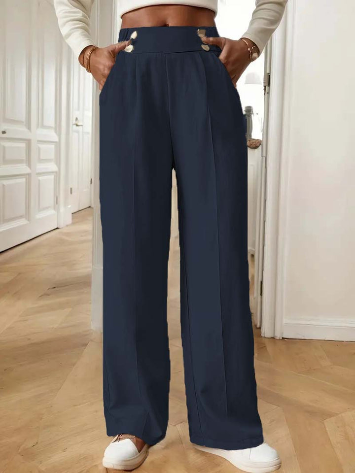 Damen Hochtaillierte Weite Palazzo‑Hose mit Bundknöpfen, Bügelfalte und Eingrifftaschen Drune