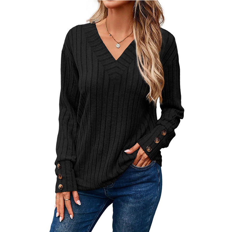 Damen lässiger V-Ausschnitt Pullover mit strukturiertem Rippdesign und eleganten Knopfdetails Drune
