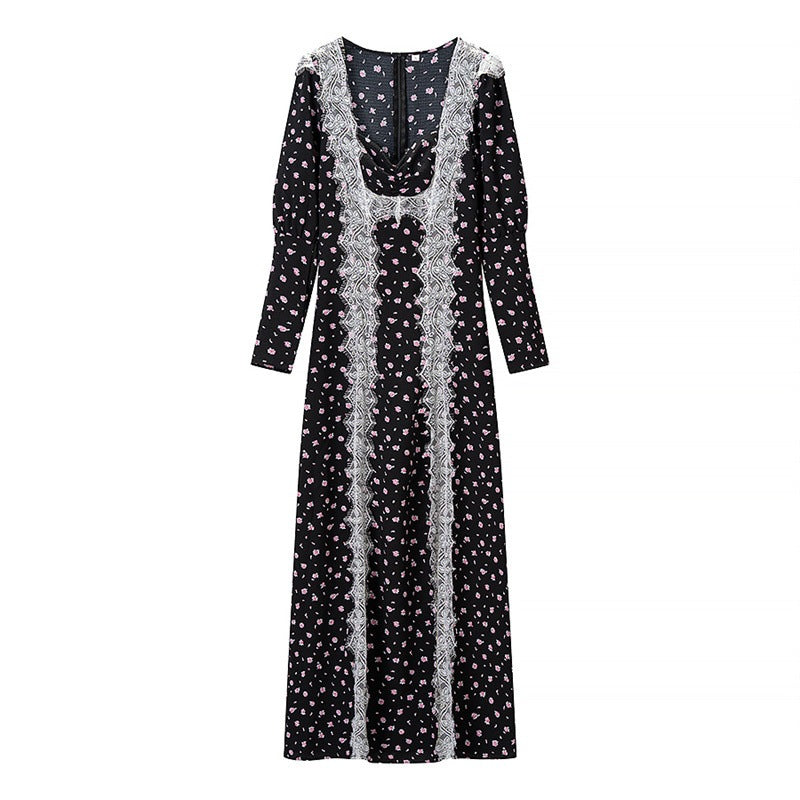Damen Langärmeliges Maxikleid mit Spitzenborten, tiefem V‑Ausschnitt und floralem Alloverprint Drune