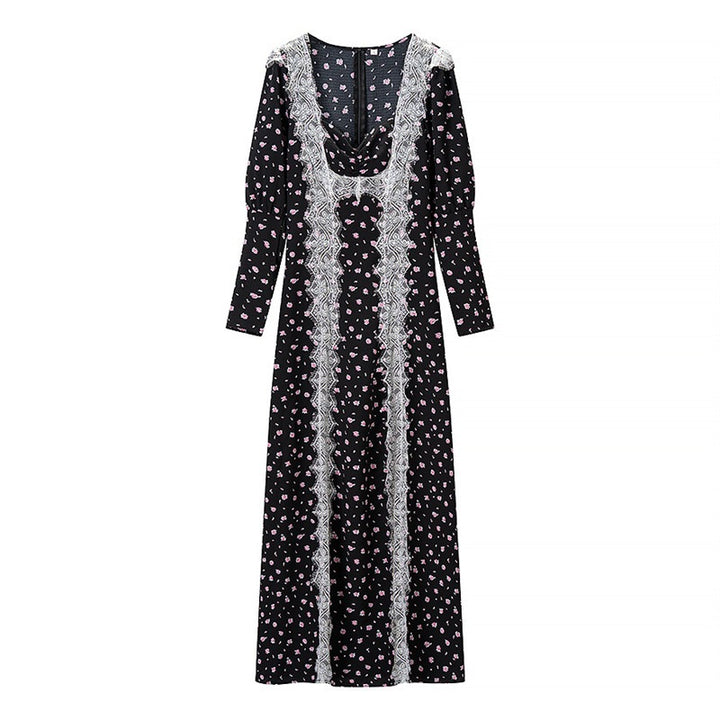 Damen Langärmeliges Maxikleid mit Spitzenborten, tiefem V‑Ausschnitt und floralem Alloverprint Drune