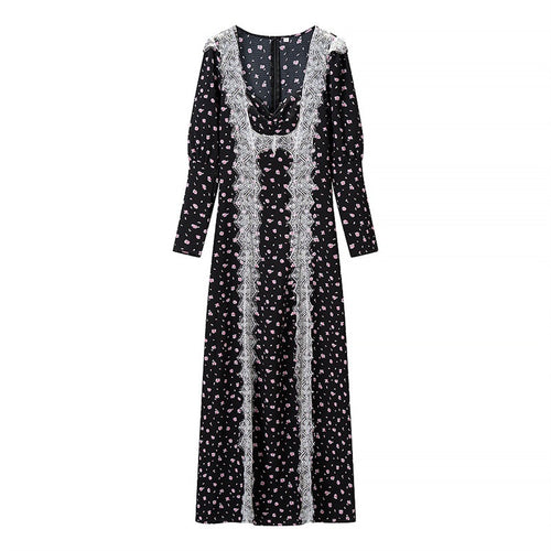 Damen Langärmeliges Maxikleid mit Spitzenborten, tiefem V‑Ausschnitt und floralem Alloverprint Drune