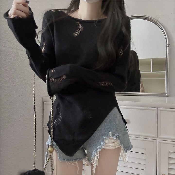 Damen stylischer Strickpullover mit lässigen Rissen und asymmetrischem Saum Drune