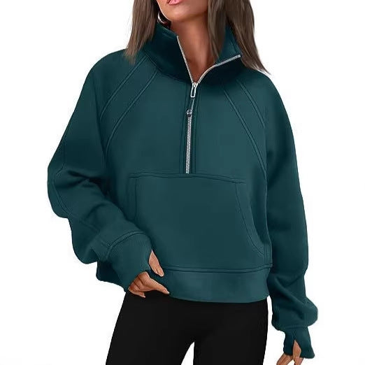 Damen nan weit geschnittenes Kurzpullover mit Stehkragen, halbem Reißverschluss und Kängurutasche Drune