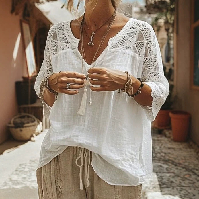 Damen nan locker fallende Tunika-Bluse im Boho-Stil mit gehäkelten Schulter- und Ärmeldetails Drune