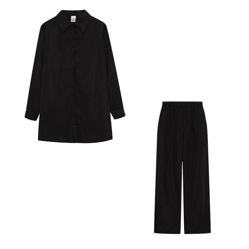 Damen Satin Pyjama Set mit langärmliger Bluse und weiten Hosen Drune