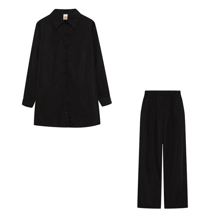 Damen Satin Pyjama Set mit langärmliger Bluse und weiten Hosen Drune