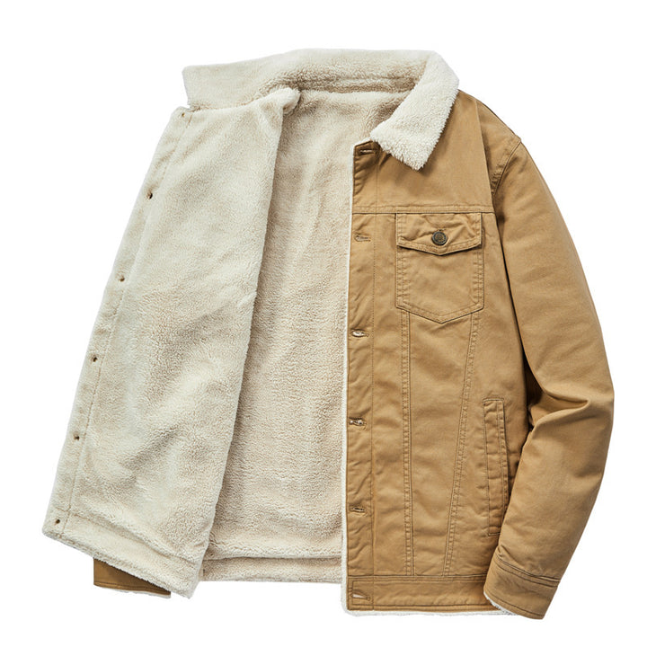 Herren Canvas-Truckerjacke mit durchgehendem Teddyfutter und Umlegekragen Drune