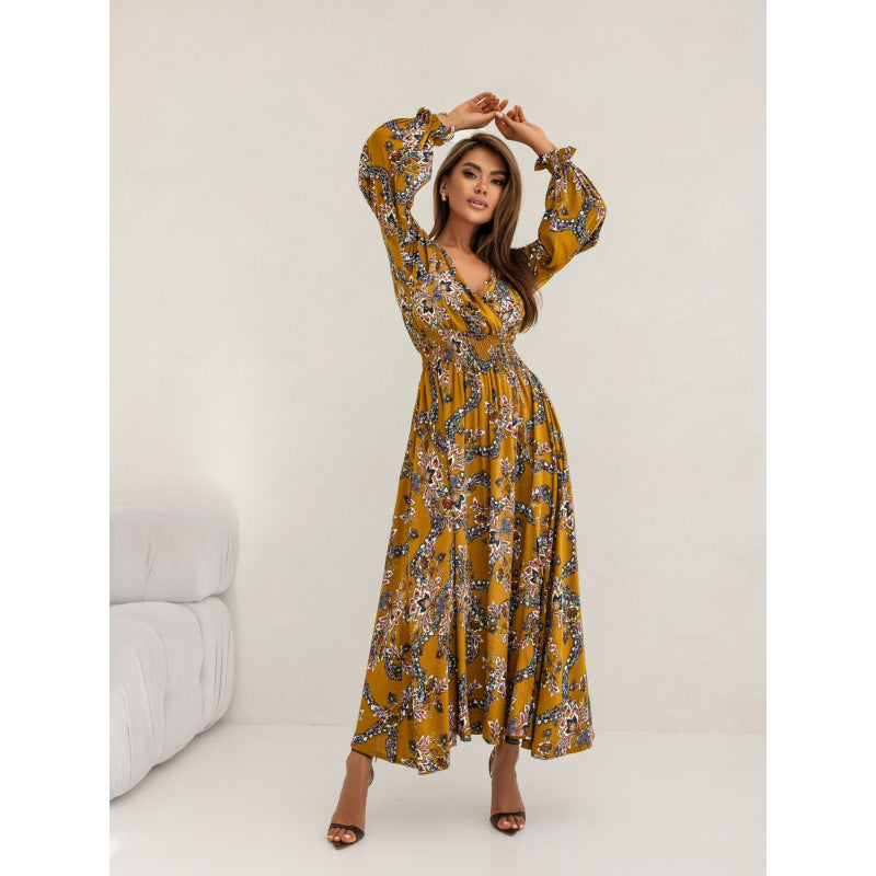 Damen Maxikleid mit tiefem V-Ausschnitt und voluminösen Ärmeln Drune